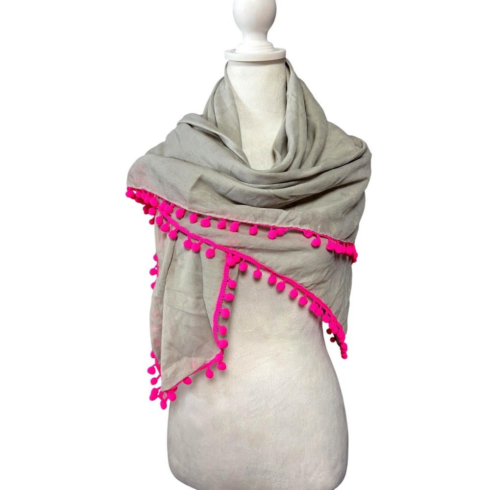 Hollister Scarf Womens One Size Gray Pink Pom Pom Fringe Square Wrap Boho